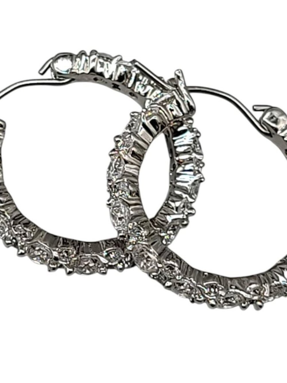 Cubic Zirconia Pave Sterling Hoop Earrings Latch Closure 925 Setting Sparkling - Picture 2 of 14